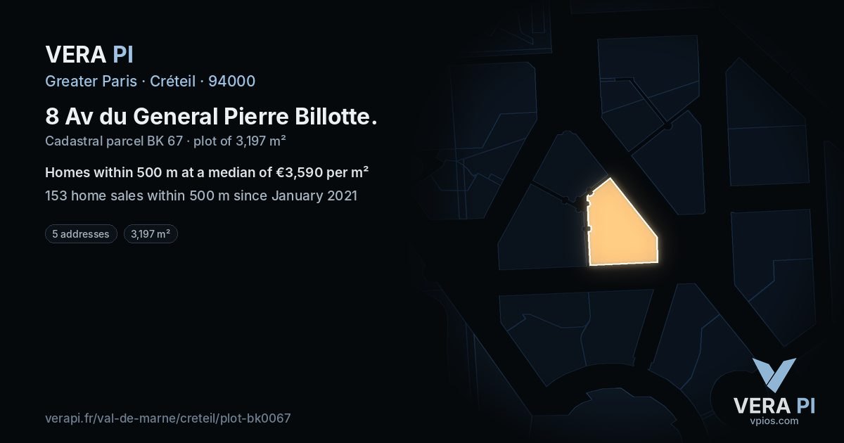 8 Av du General Pierre Billotte, Créteil at night – the plot lit, the parcels around coloured by the prices near them