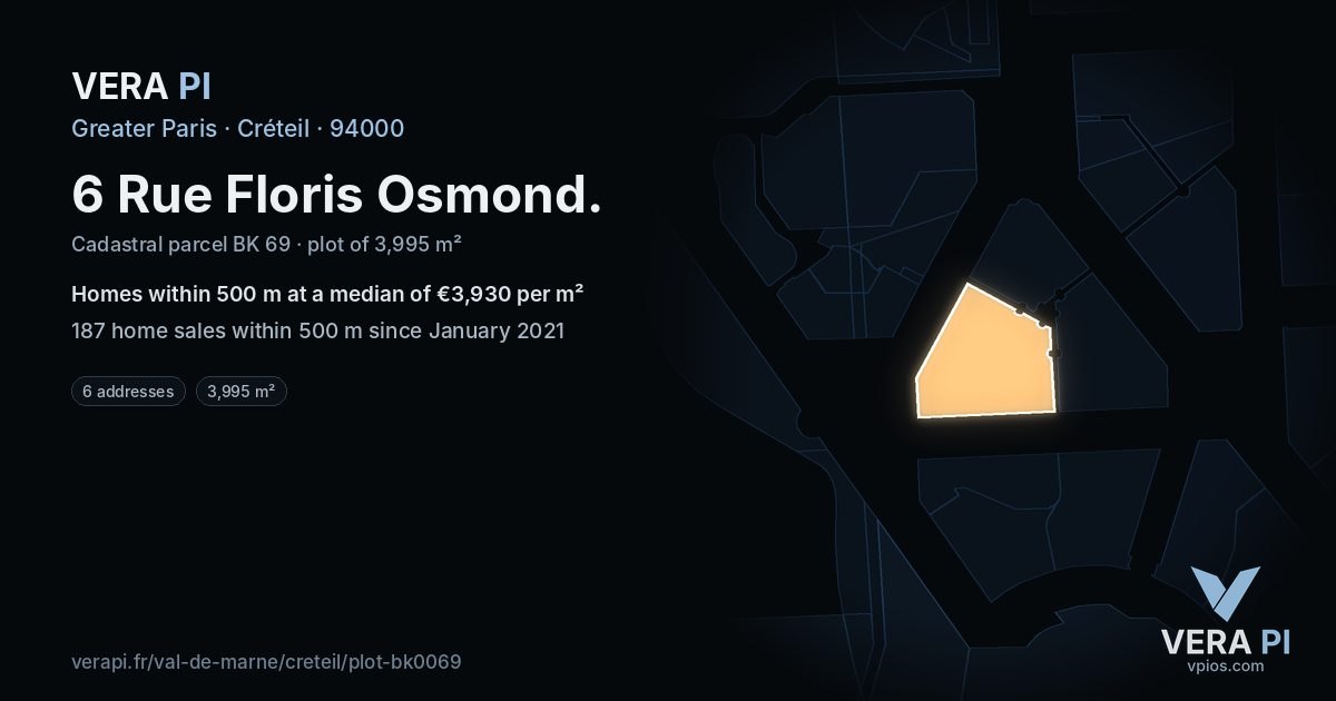 6 Rue Floris Osmond, Créteil at night – the plot lit, the parcels around coloured by the prices near them