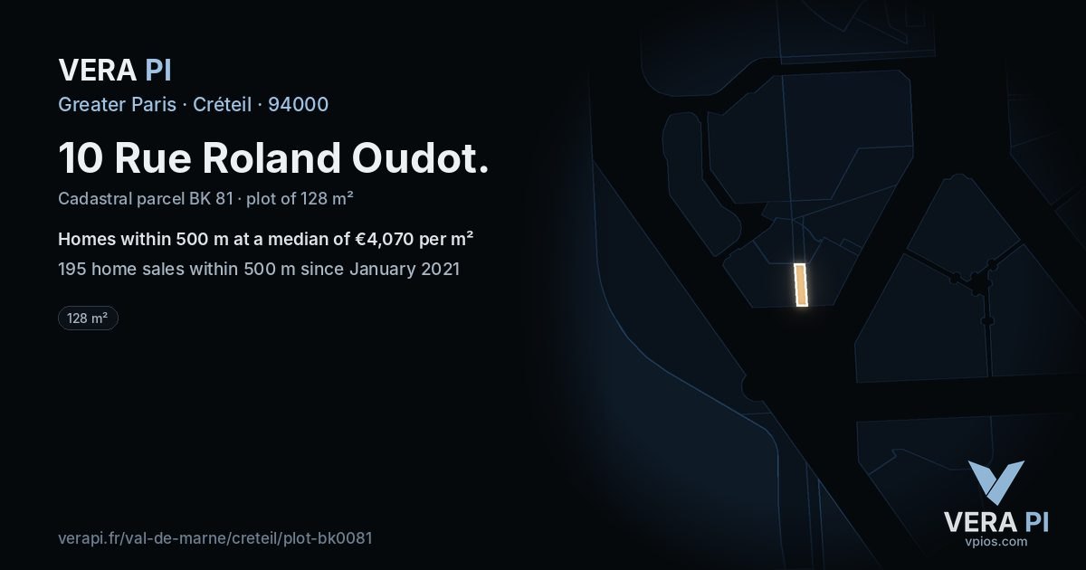 10 Rue Roland Oudot, Créteil at night – the plot lit, the parcels around coloured by the prices near them