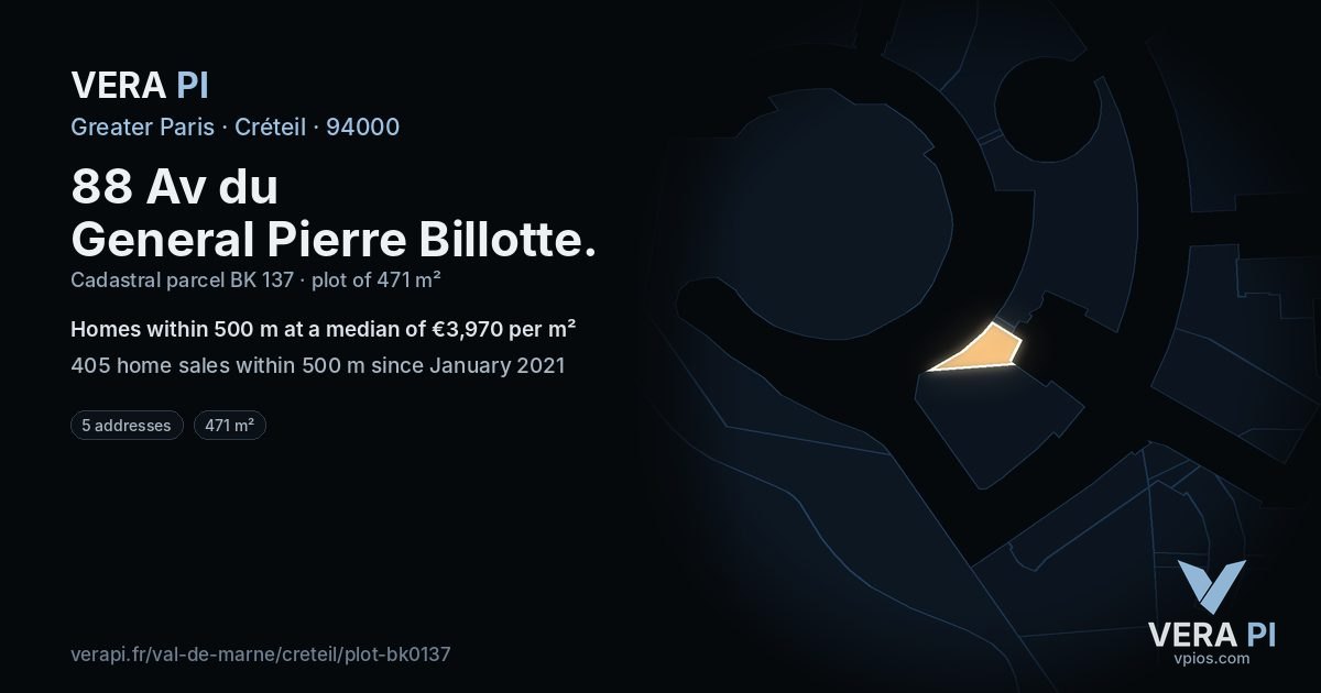 88 Av du General Pierre Billotte, Créteil at night – the plot lit, the parcels around coloured by the prices near them