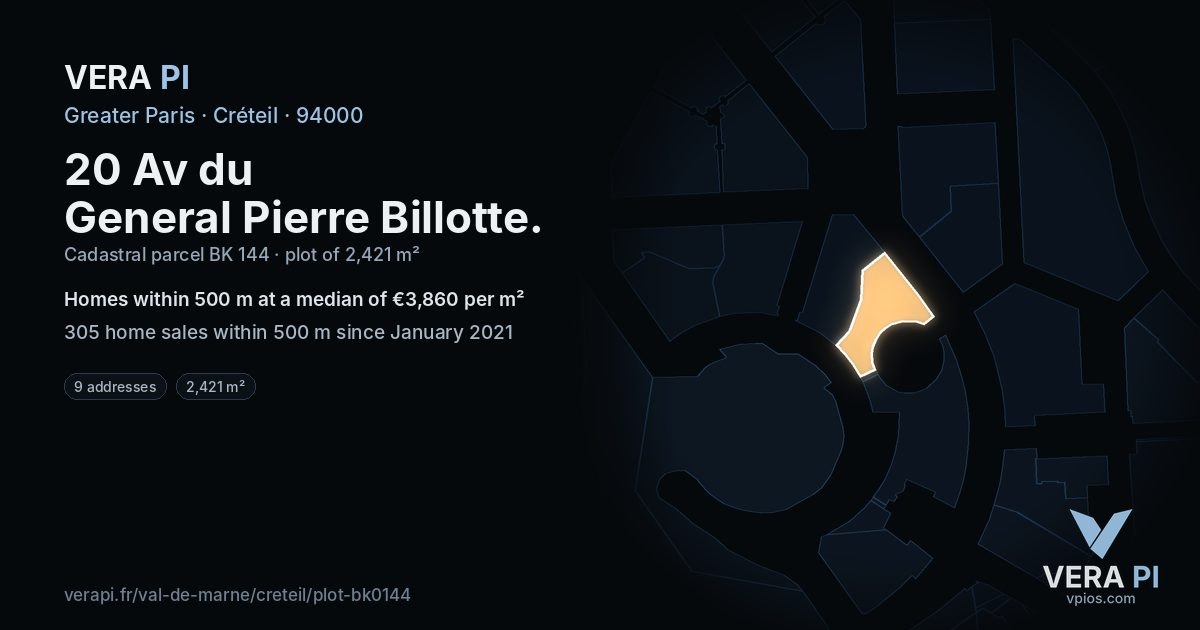 20 Av du General Pierre Billotte, Créteil at night – the plot lit, the parcels around coloured by the prices near them