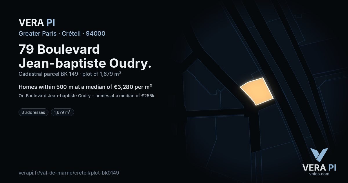 79 Boulevard Jean-baptiste Oudry, Créteil at night – the plot lit, the parcels around coloured by the prices near them