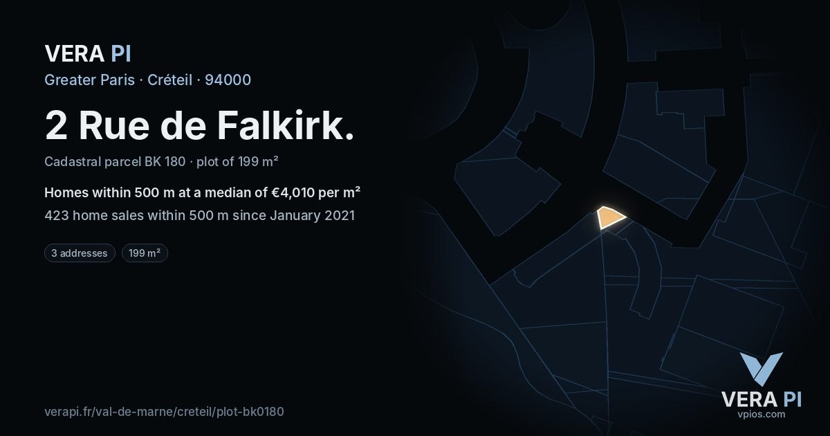 2 Rue de Falkirk, Créteil at night – the plot lit, the parcels around coloured by the prices near them