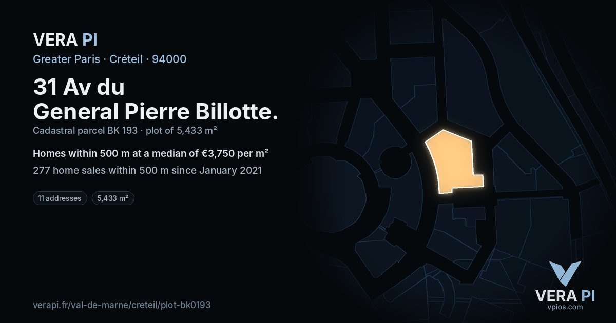 31 Av du General Pierre Billotte, Créteil at night – the plot lit, the parcels around coloured by the prices near them