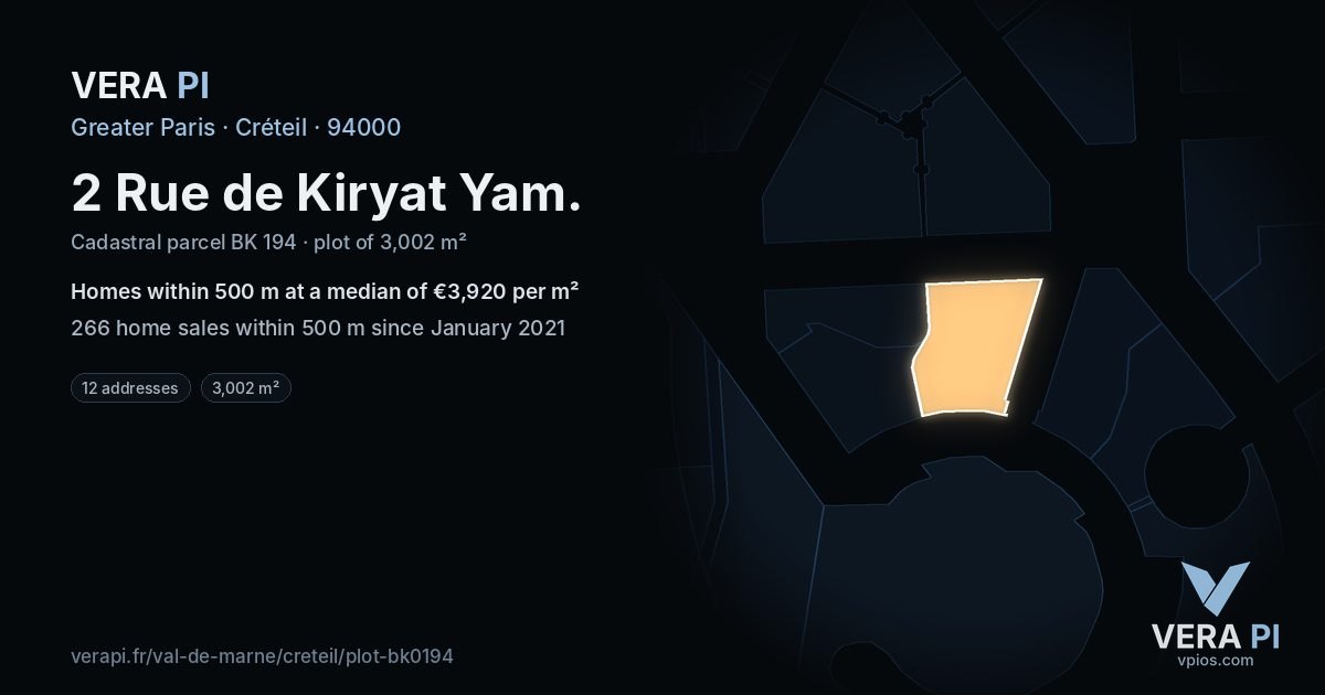 2 Rue de Kiryat Yam, Créteil at night – the plot lit, the parcels around coloured by the prices near them