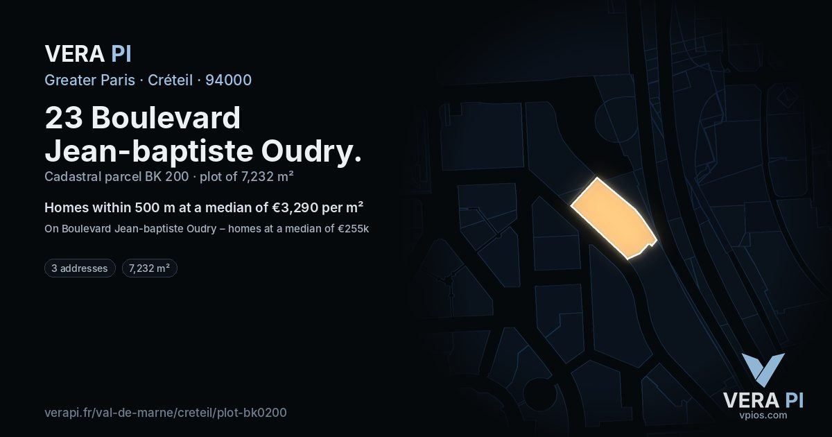 23 Boulevard Jean-baptiste Oudry, Créteil at night – the plot lit, the parcels around coloured by the prices near them