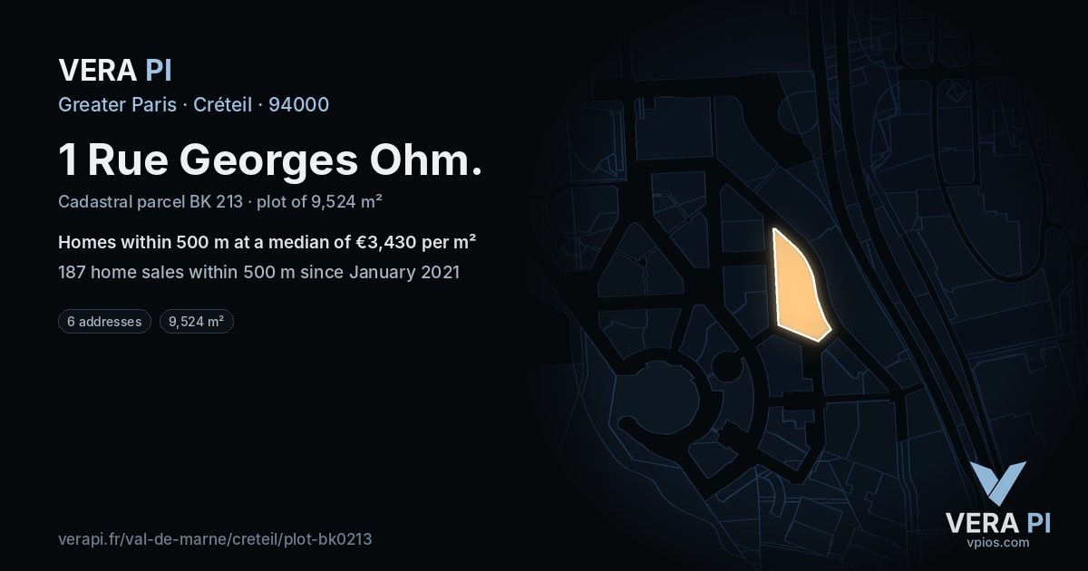 1 Rue Georges Ohm, Créteil at night – the plot lit, the parcels around coloured by the prices near them