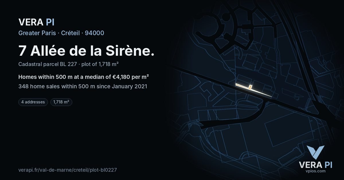 7 Allée de la Sirène, Créteil at night – the plot lit, the parcels around coloured by the prices near them