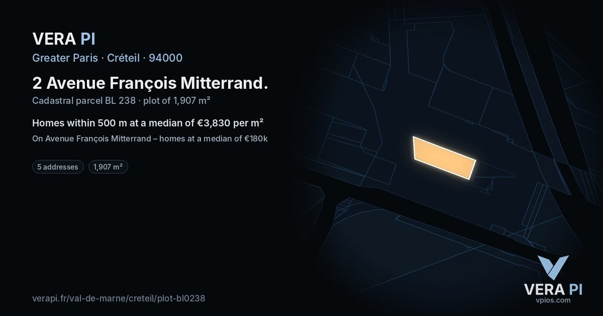 2 Avenue François Mitterrand, Créteil at night – the plot lit, the parcels around coloured by the prices near them