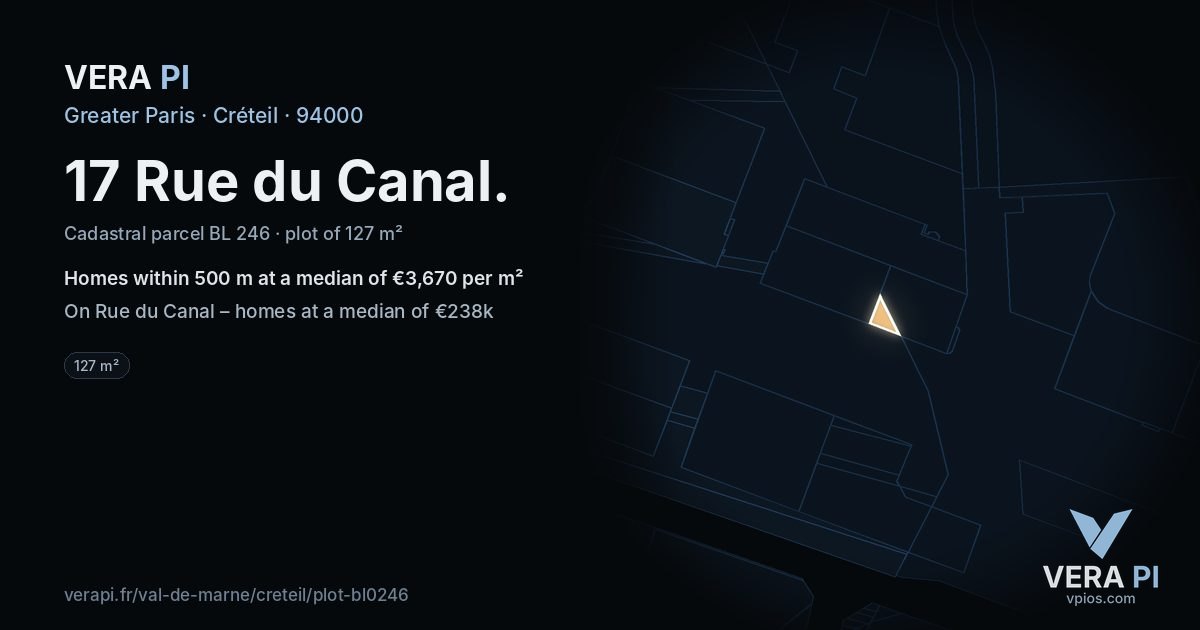 17 Rue du Canal, Créteil at night – the plot lit, the parcels around coloured by the prices near them