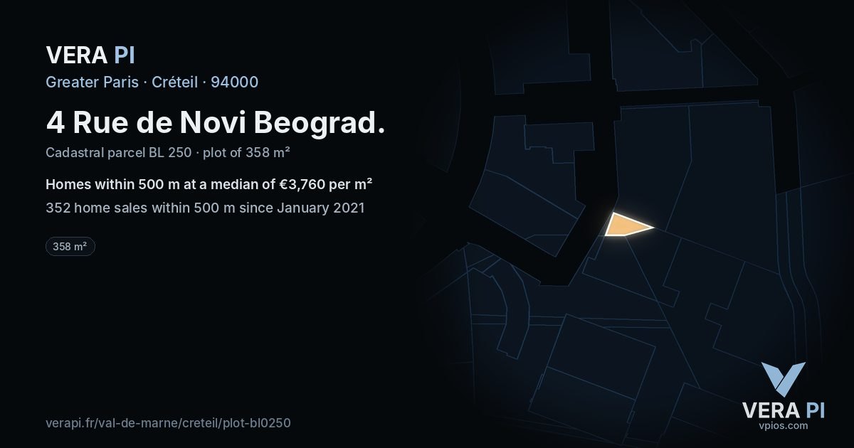 4 Rue de Novi Beograd, Créteil at night – the plot lit, the parcels around coloured by the prices near them