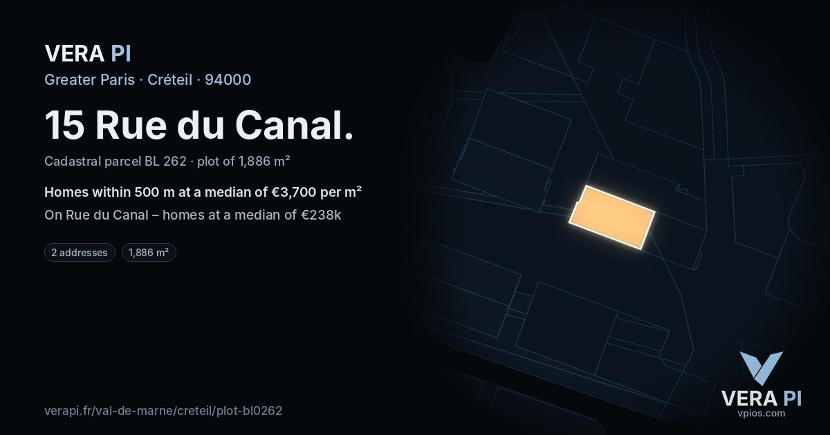 15 Rue du Canal, Créteil at night – the plot lit, the parcels around coloured by the prices near them