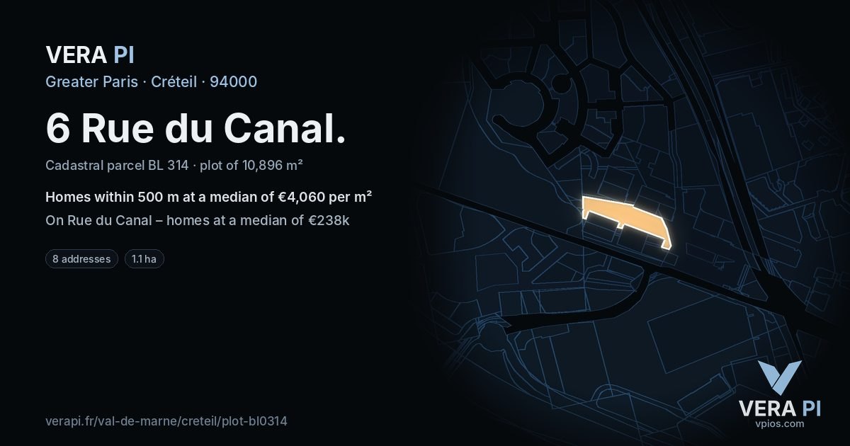 6 Rue du Canal, Créteil at night – the plot lit, the parcels around coloured by the prices near them