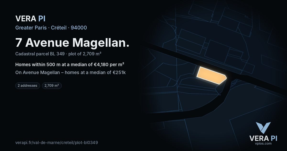 7 Avenue Magellan, Créteil at night – the plot lit, the parcels around coloured by the prices near them