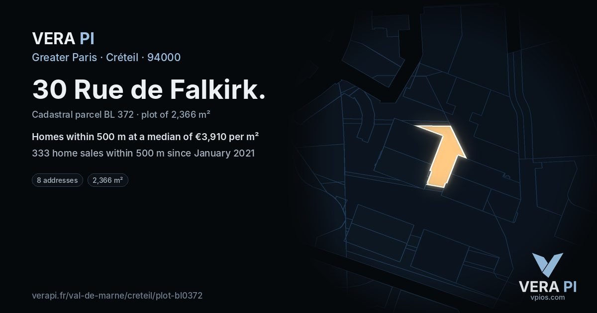30 Rue de Falkirk, Créteil at night – the plot lit, the parcels around coloured by the prices near them
