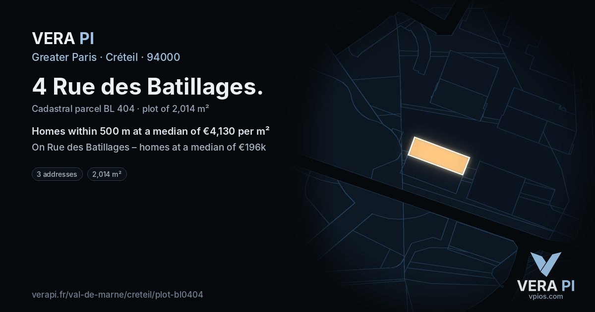 4 Rue des Batillages, Créteil at night – the plot lit, the parcels around coloured by the prices near them