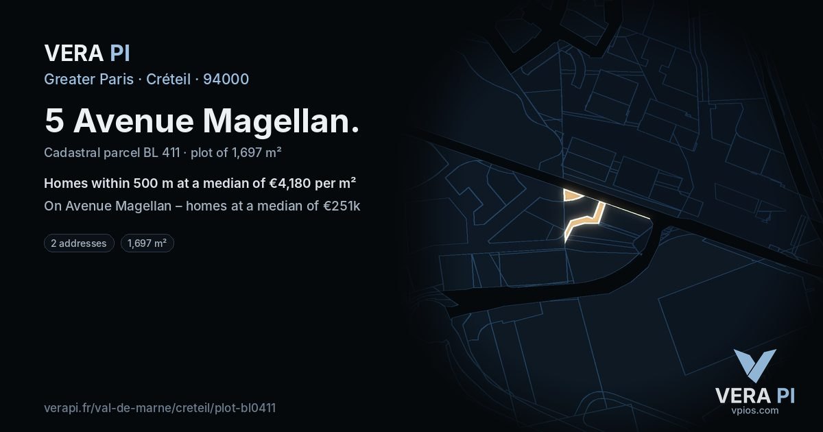 5 Avenue Magellan, Créteil at night – the plot lit, the parcels around coloured by the prices near them