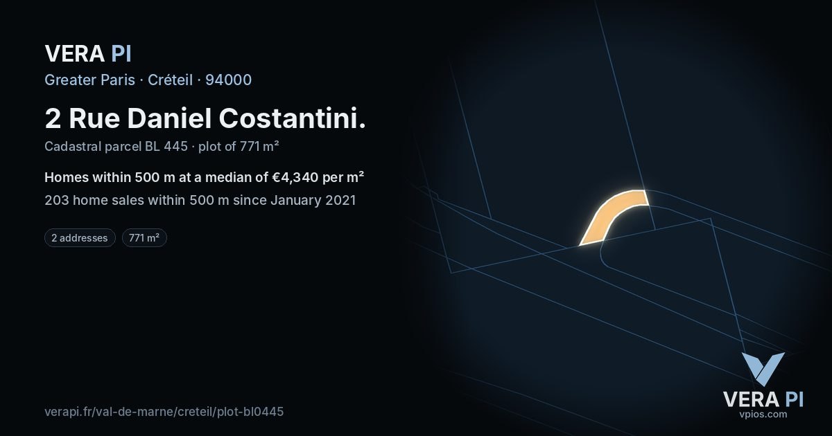 2 Rue Daniel Costantini, Créteil at night – the plot lit, the parcels around coloured by the prices near them