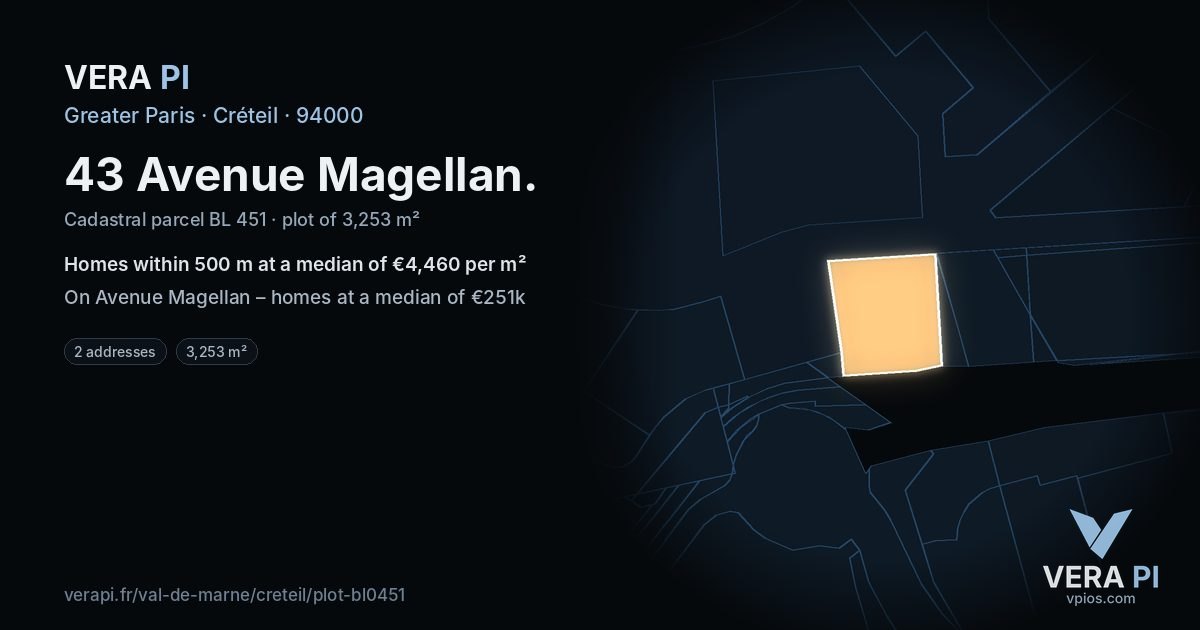 43 Avenue Magellan, Créteil at night – the plot lit, the parcels around coloured by the prices near them