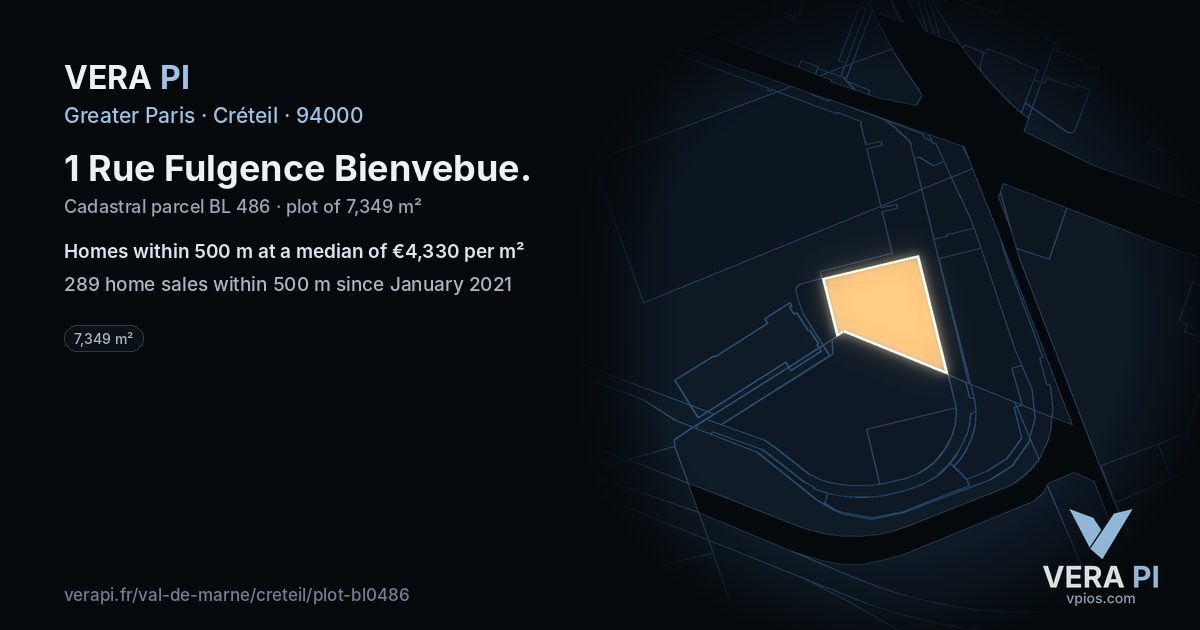 1 Rue Fulgence Bienvebue, Créteil at night – the plot lit, the parcels around coloured by the prices near them