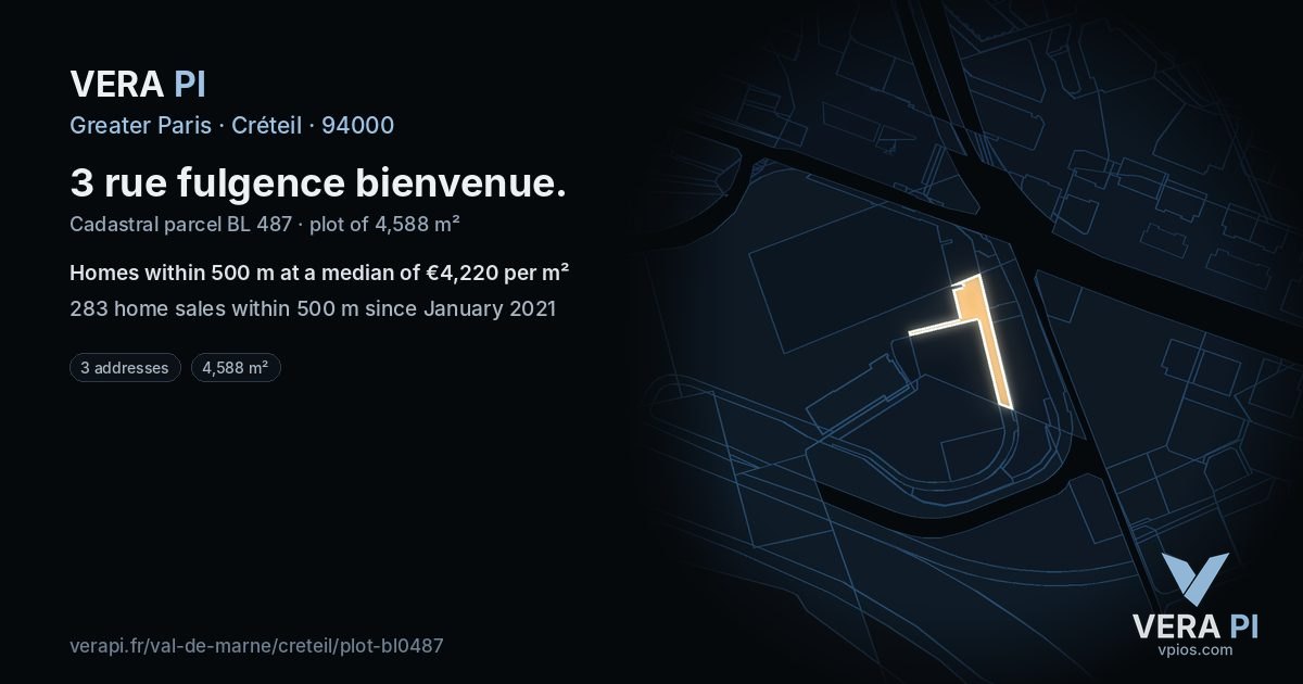 3 rue fulgence bienvenue, Créteil at night – the plot lit, the parcels around coloured by the prices near them