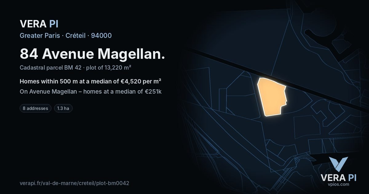 84 Avenue Magellan, Créteil at night – the plot lit, the parcels around coloured by the prices near them