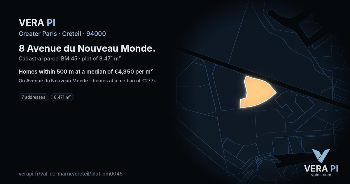 8 Avenue du Nouveau Monde, Créteil at night – the plot lit, the parcels around coloured by the prices near them