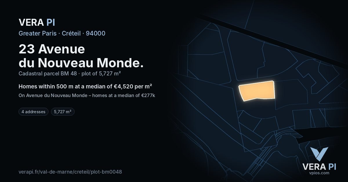23 Avenue du Nouveau Monde, Créteil at night – the plot lit, the parcels around coloured by the prices near them