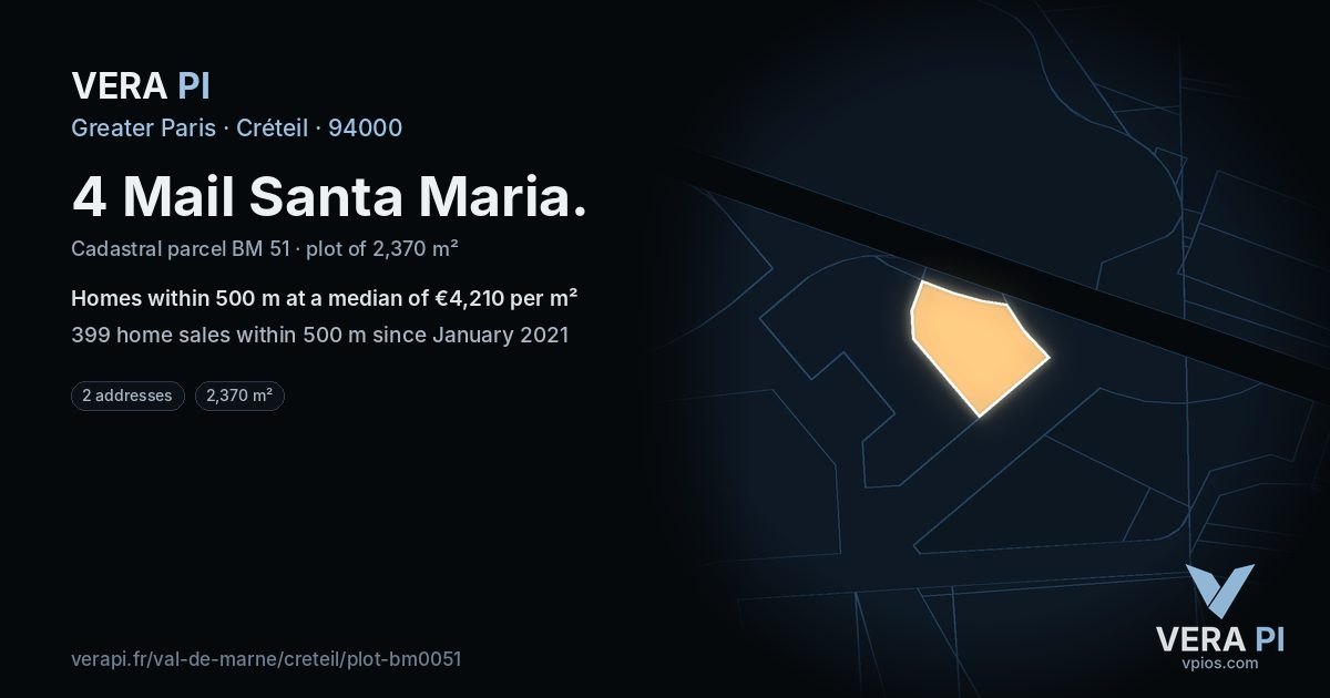 4 Mail Santa Maria, Créteil at night – the plot lit, the parcels around coloured by the prices near them