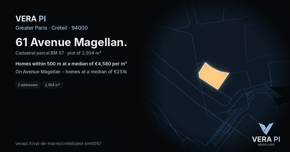 61 Avenue Magellan, Créteil at night – the plot lit, the parcels around coloured by the prices near them