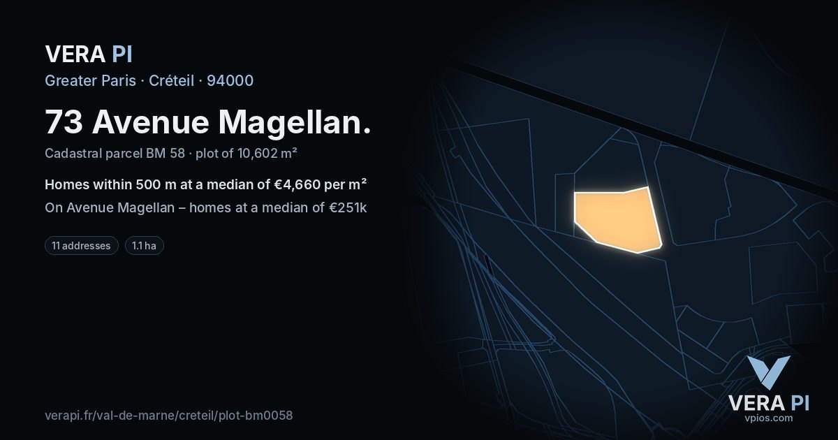 73 Avenue Magellan, Créteil at night – the plot lit, the parcels around coloured by the prices near them