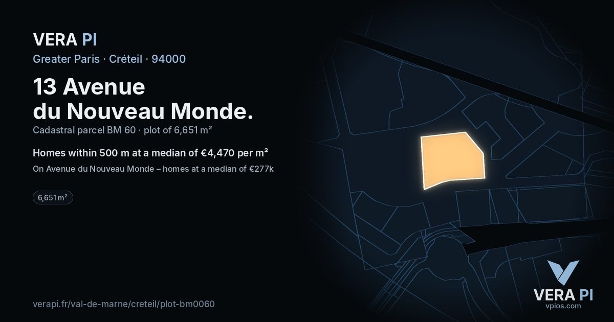 13 Avenue du Nouveau Monde, Créteil at night – the plot lit, the parcels around coloured by the prices near them
