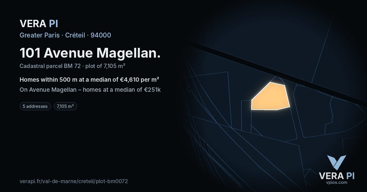 101 Avenue Magellan, Créteil at night – the plot lit, the parcels around coloured by the prices near them