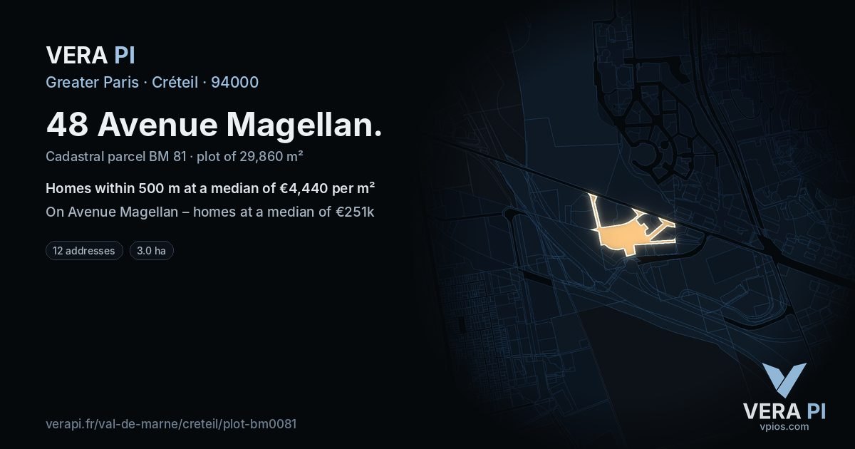 48 Avenue Magellan, Créteil at night – the plot lit, the parcels around coloured by the prices near them
