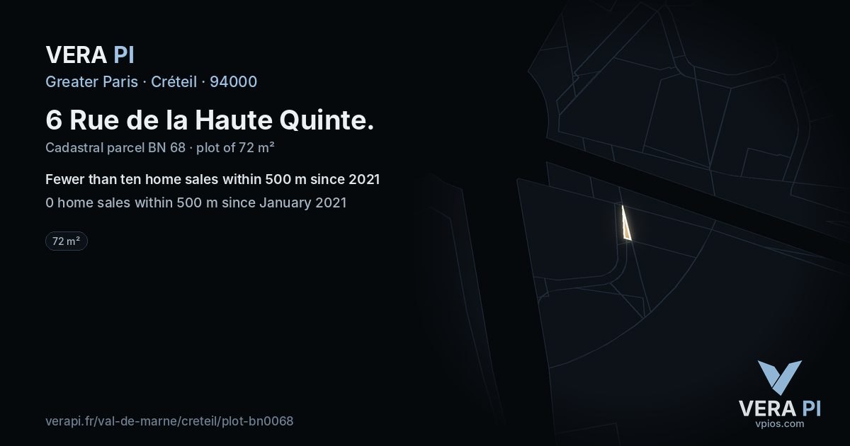 6 Rue de la Haute Quinte, Créteil at night – the plot lit, the parcels around coloured by the prices near them