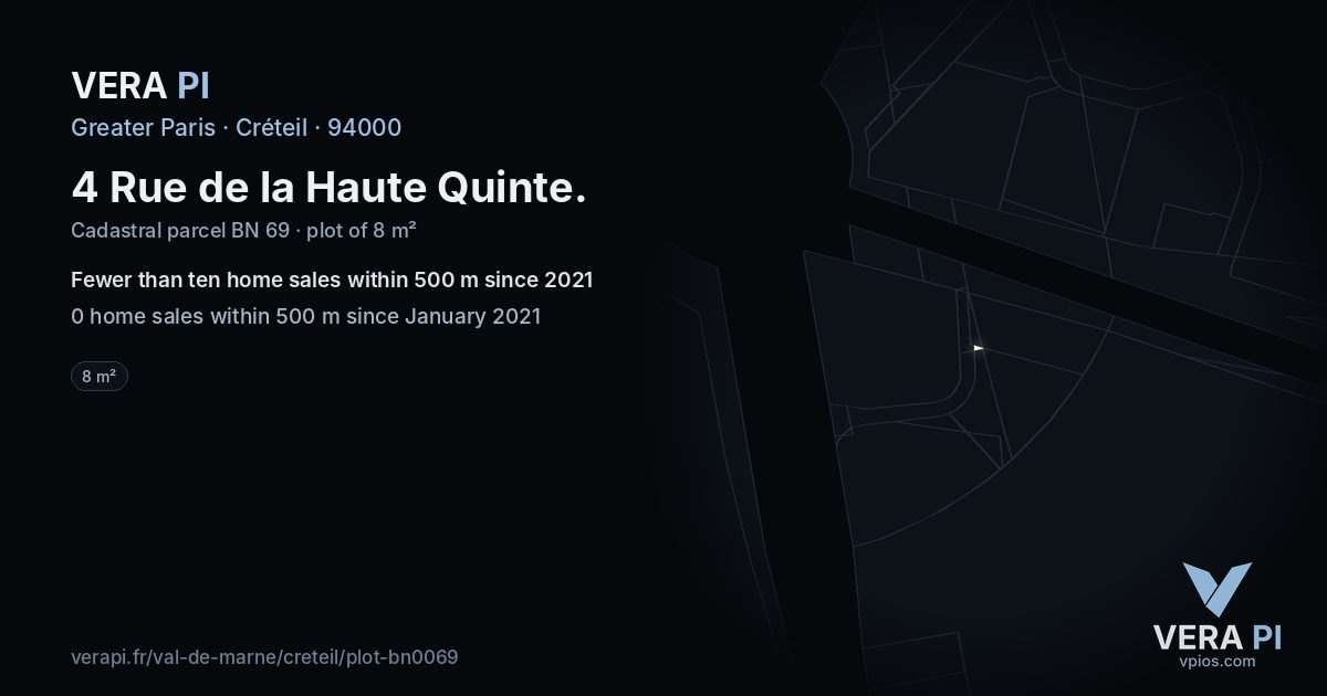 4 Rue de la Haute Quinte, Créteil at night – the plot lit, the parcels around coloured by the prices near them