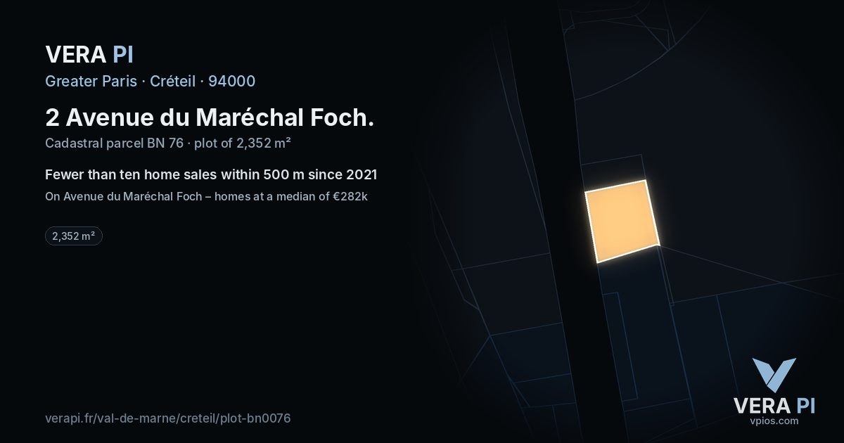 2 Avenue du Maréchal Foch, Créteil at night – the plot lit, the parcels around coloured by the prices near them