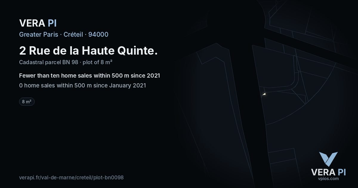 2 Rue de la Haute Quinte, Créteil at night – the plot lit, the parcels around coloured by the prices near them
