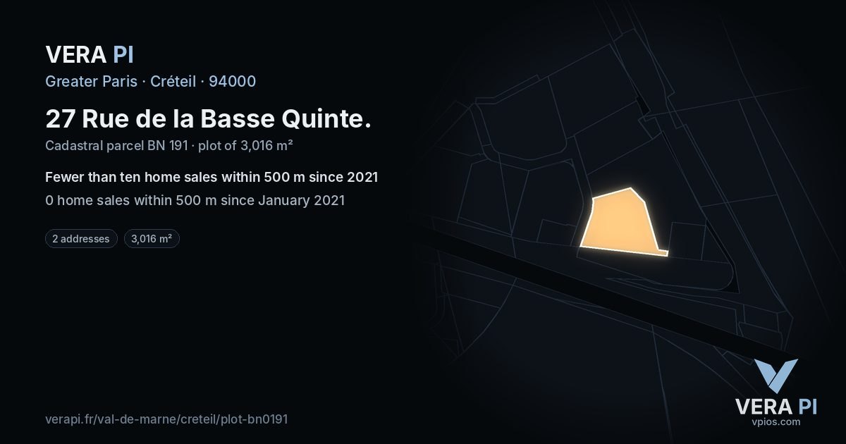 27 Rue de la Basse Quinte, Créteil at night – the plot lit, the parcels around coloured by the prices near them