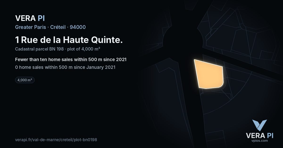 1 Rue de la Haute Quinte, Créteil at night – the plot lit, the parcels around coloured by the prices near them