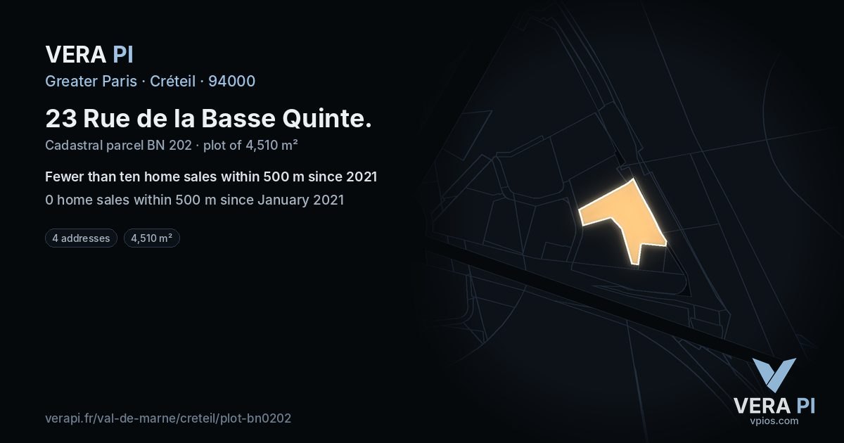 23 Rue de la Basse Quinte, Créteil at night – the plot lit, the parcels around coloured by the prices near them