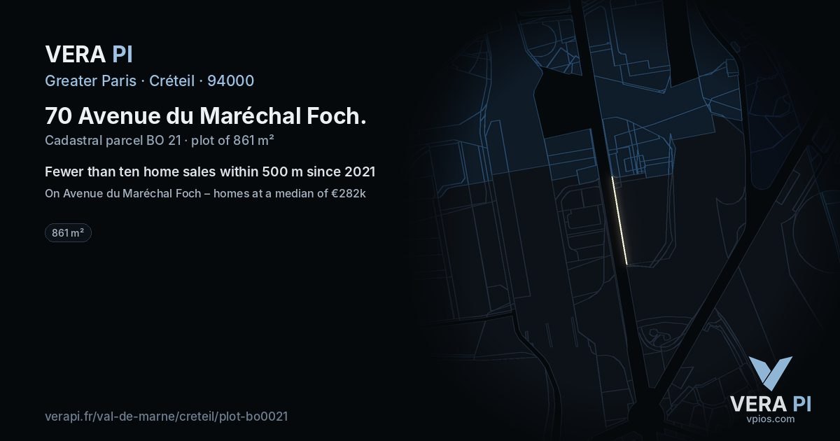 70 Avenue du Maréchal Foch, Créteil at night – the plot lit, the parcels around coloured by the prices near them
