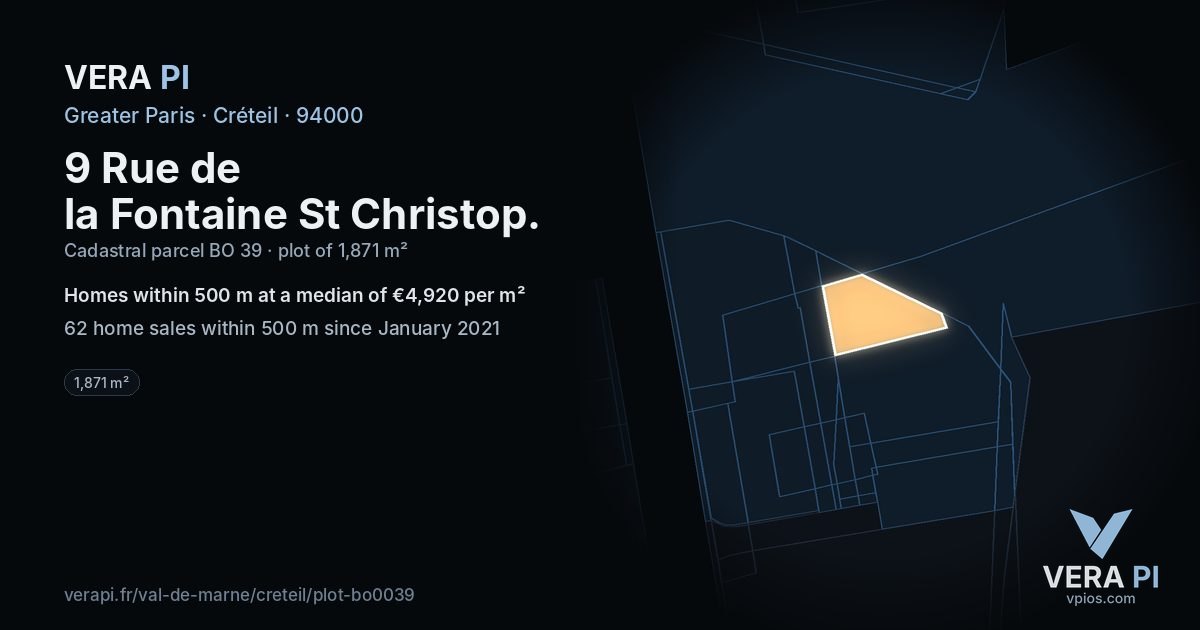 9 Rue de la Fontaine St Christop, Créteil at night – the plot lit, the parcels around coloured by the prices near them