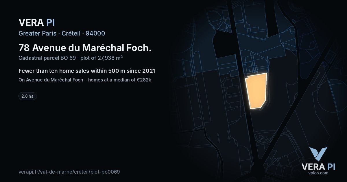 78 Avenue du Maréchal Foch, Créteil at night – the plot lit, the parcels around coloured by the prices near them