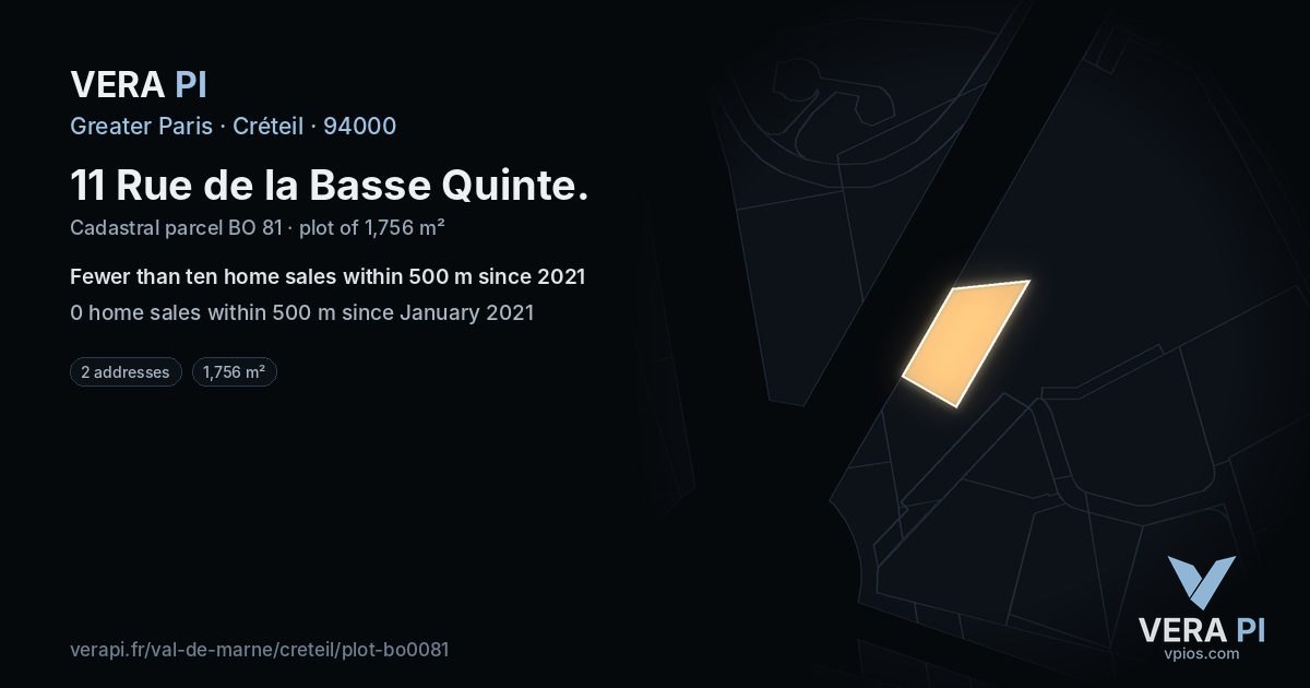 11 Rue de la Basse Quinte, Créteil at night – the plot lit, the parcels around coloured by the prices near them