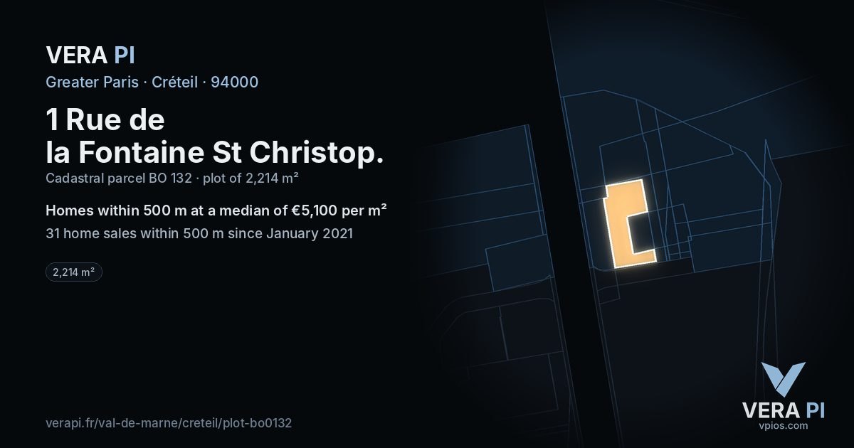 1 Rue de la Fontaine St Christop, Créteil at night – the plot lit, the parcels around coloured by the prices near them
