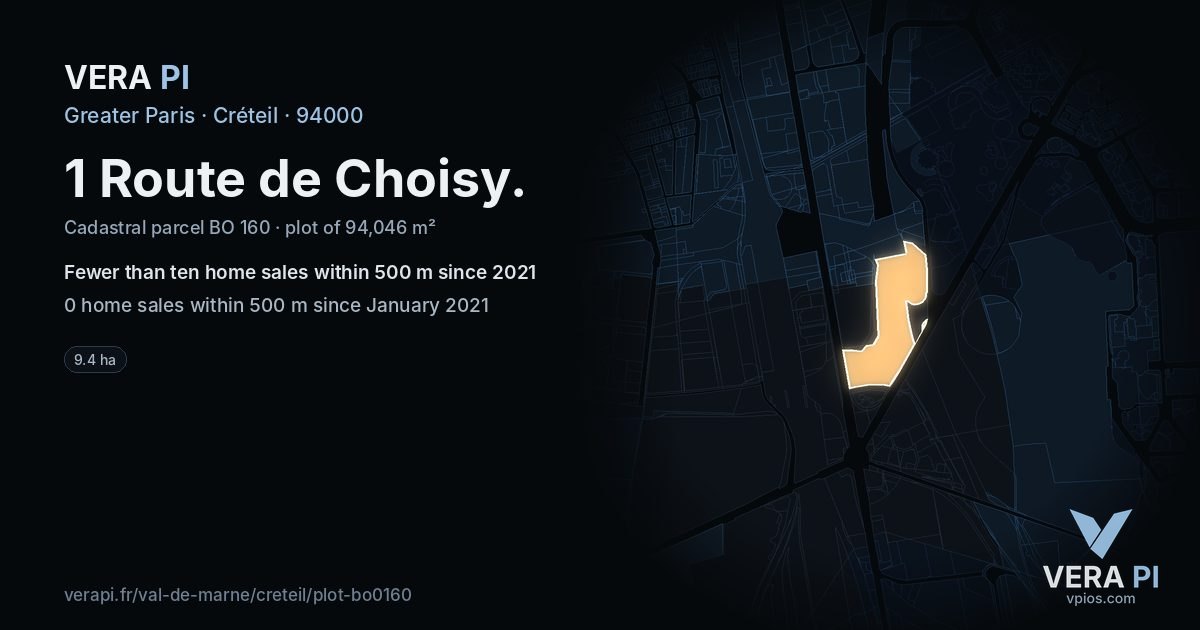 1 Route de Choisy, Créteil at night – the plot lit, the parcels around coloured by the prices near them