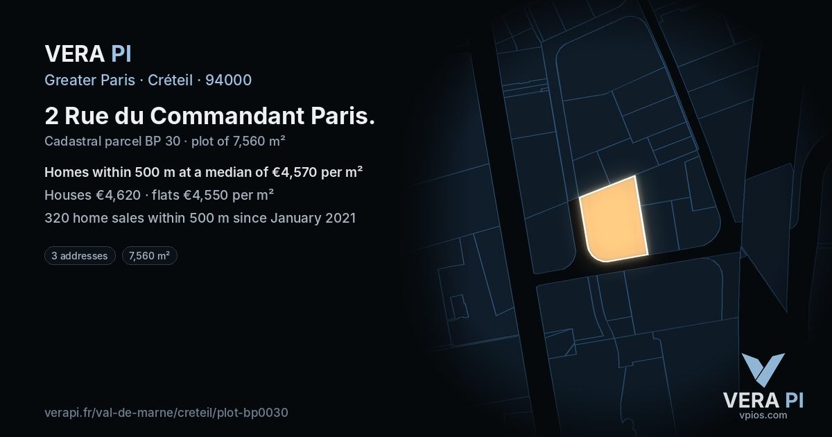 2 Rue du Commandant Paris, Créteil at night – the plot lit, the parcels around coloured by the prices near them