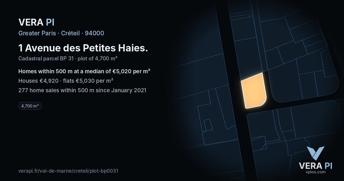1 Avenue des Petites Haies, Créteil at night – the plot lit, the parcels around coloured by the prices near them