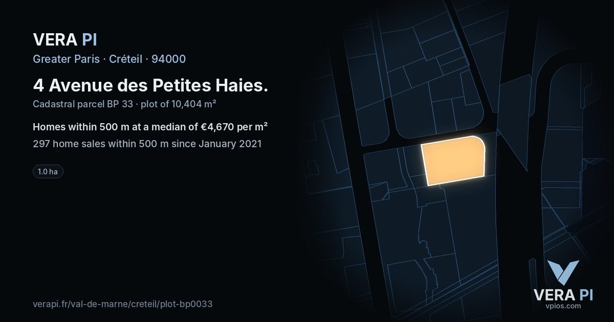 4 Avenue des Petites Haies, Créteil at night – the plot lit, the parcels around coloured by the prices near them